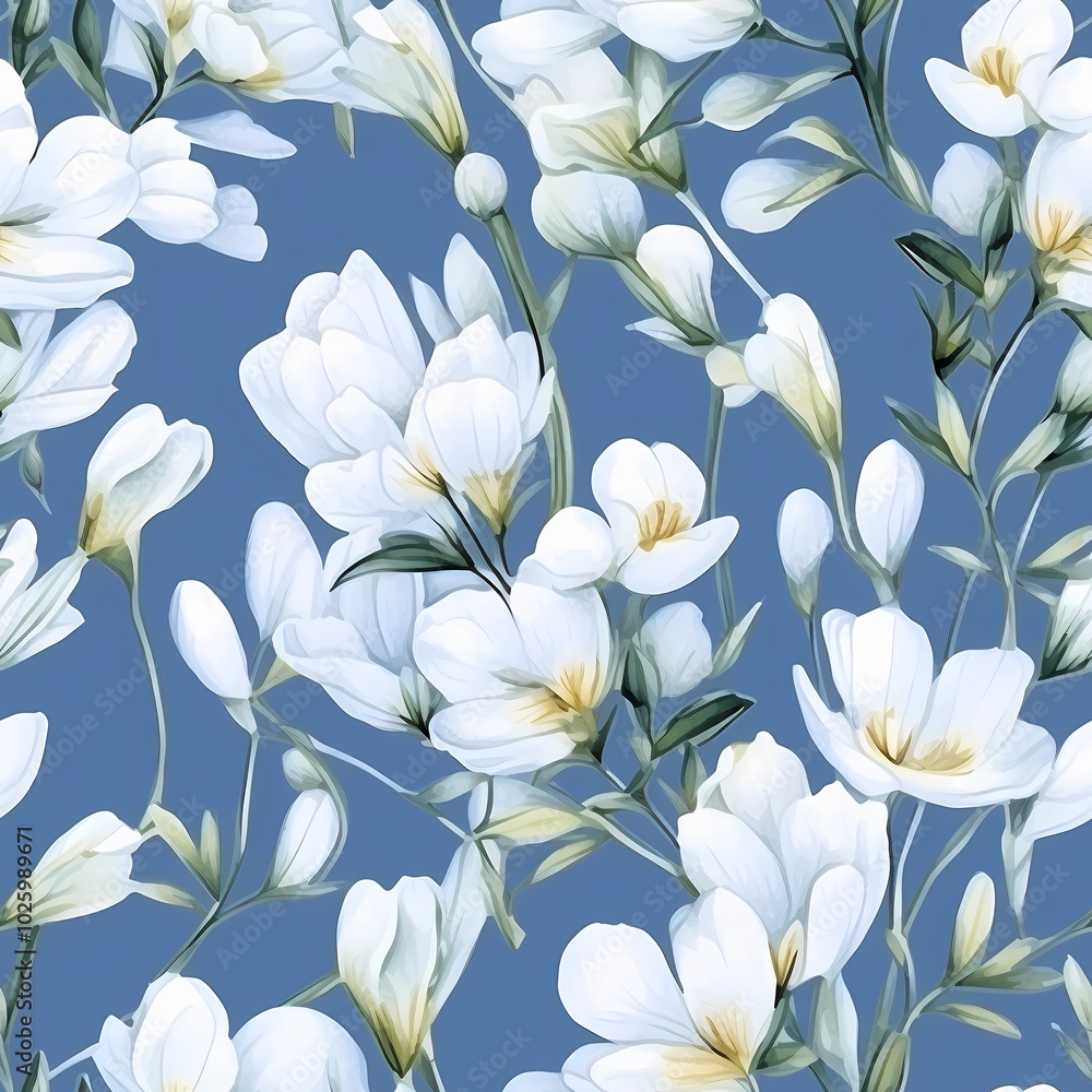 Elegant white flowers with green leaves on a deep blue backdrop for a sophisticated look. Elegant white flowers with green leaves on a deep blue backdrop for a sophisticated look.