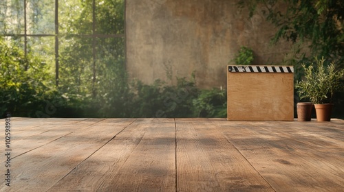 An inviting image of a film set up showcasing a clapperboard and plants bathed in sunlight on a rustic wooden table, symbolizing creativity and movie making ambiance. photo