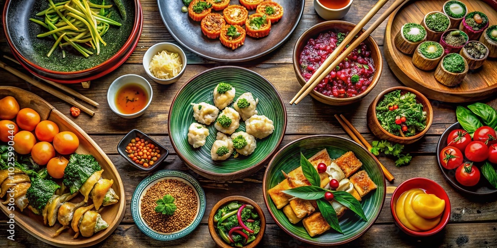 Panoramic View of Vibrant Asian Cuisine Spread with Colorful Dishes and Ingredients