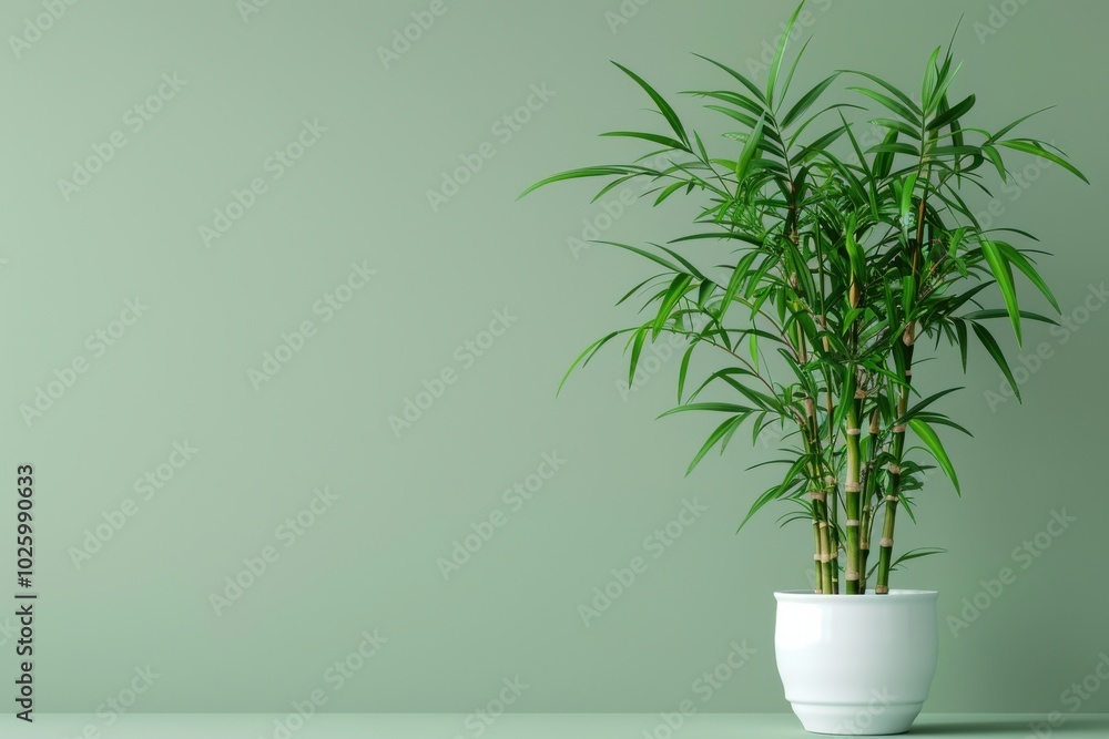 Bamboo plant in a white pot on a minimalist green wall backdrop Bamboo plant in a white pot on a minimalist green wall backdrop