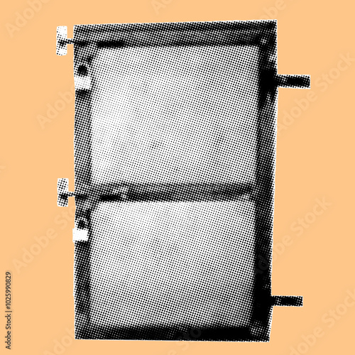closed metal door with padlock pixelate grayscale color halftone dotted texture style collage element isolated on orange background