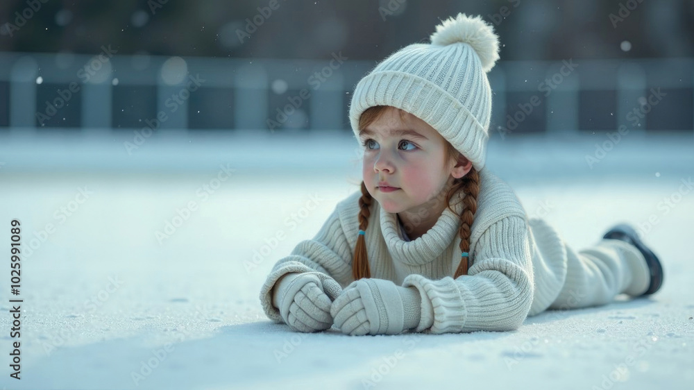 A child with a curious expression lying on his stomach on the ice at the ice rink wearing a winter hat and white sweater A child with a curious expression lying on his stomach on the ice at the ice rink wearing a winter hat and white sweater