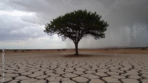 Lone tree standing on a dry, cracked desert floor with rain falling in the distance, creating a powerful visual contrast of drought and rain. Concept for drought, resilience, and hope