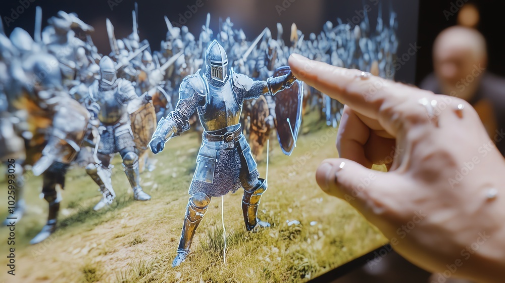 Fototapeta premium Side view of a medieval battlefield, augmented reality layers illustrating a blend of knights and robotic warriors, expertly merging past and future in vivid detail