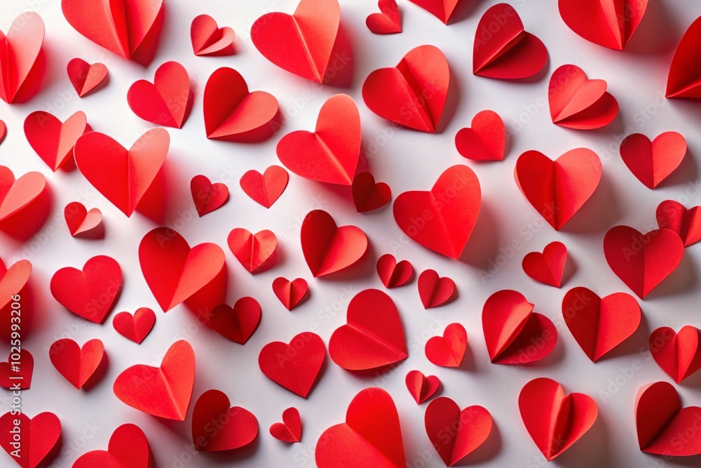 Red Paper Hearts on White Background - Romantic Conceptual Photography for Valentine's Day Red Paper Hearts on White Background - Romantic Conceptual Photography for Valentine's Day