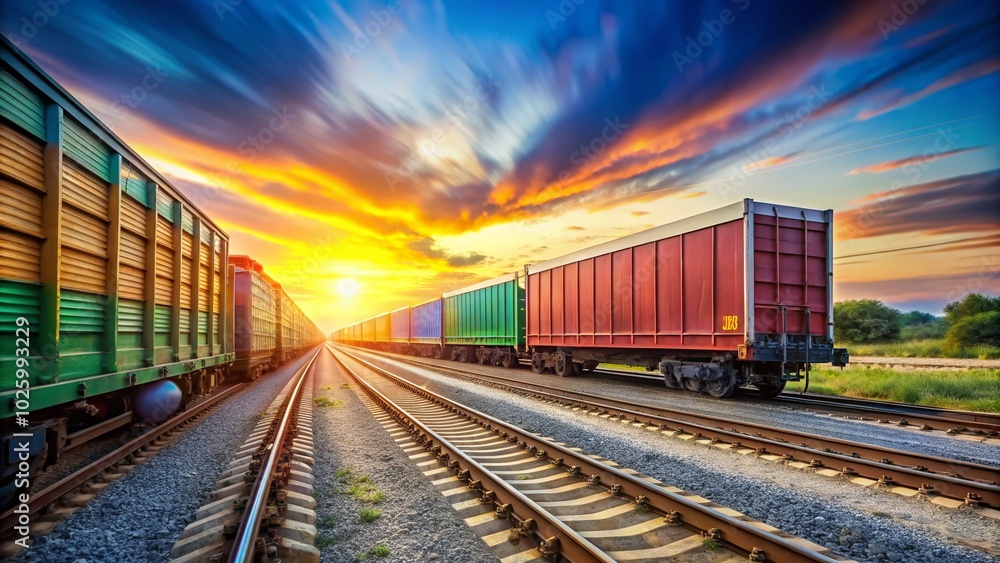 Obraz premium Railway Freight Carriages in Motion Blur Effect Capturing Speed and Efficiency of Cargo Transport on Tracks