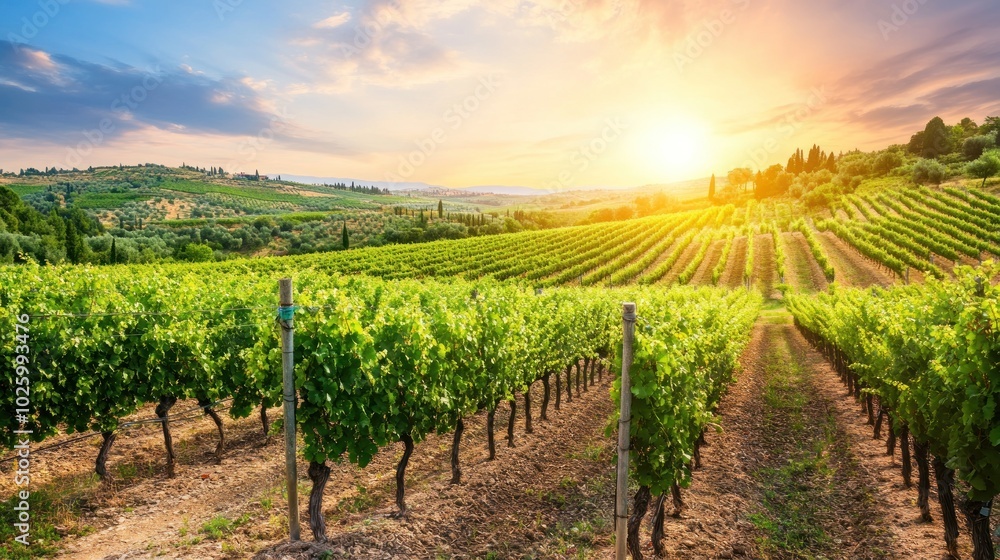 Sunlit Vineyard Rows at Sunset in Tuscany Sunlit Vineyard Rows at Sunset in Tuscany