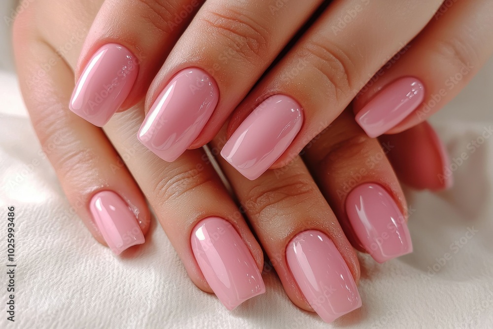 A close-up of well-manicured hands showcasing glossy pink nails, emphasizing beauty and nail care. A close-up of well-manicured hands showcasing glossy pink nails, emphasizing beauty and nail care.