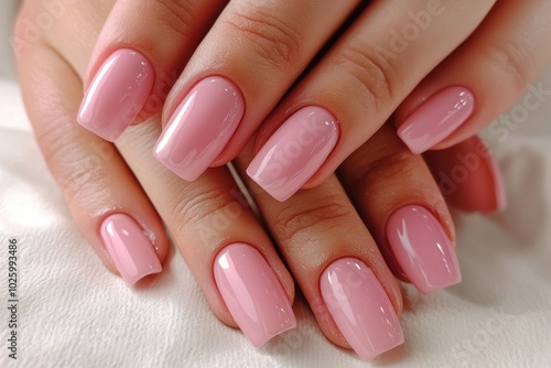 A close-up of well-manicured hands showcasing glossy pink nails, emphasizing beauty and nail care.