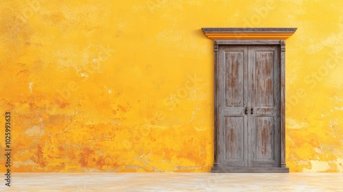 Rustic Wooden Door on Bright Yellow Wall