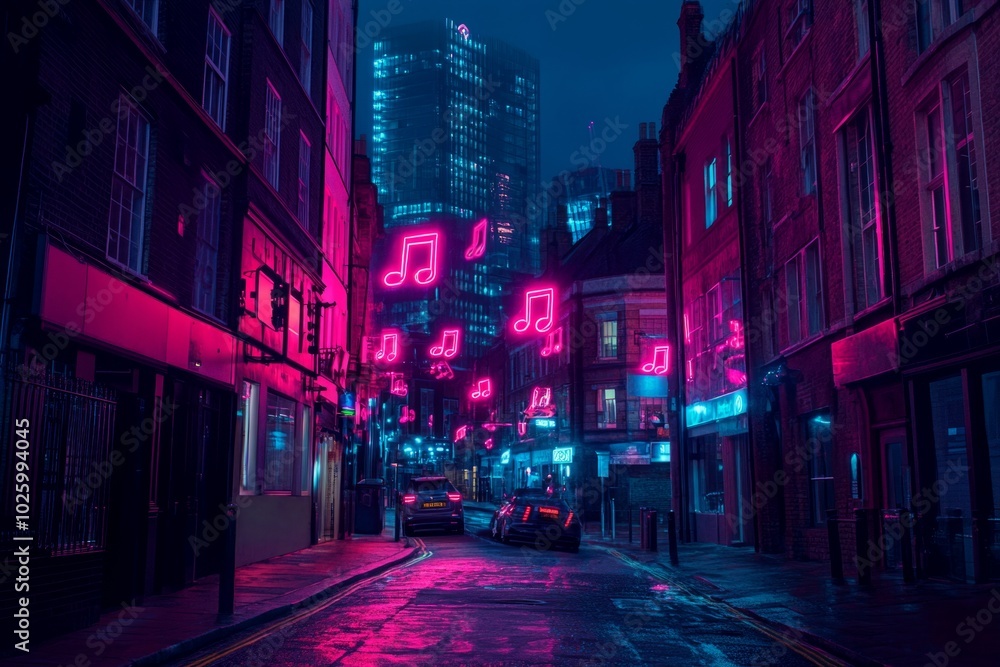 A vibrant city street illuminated by glowing music notes in neon pink. The atmosphere is lively and energetic. Perfect for music and nightlife themes. Generative AI A vibrant city street illuminated by glowing music notes in neon pink. The atmosphere is lively and energetic. Perfect for music and nightlife themes. Generative AI