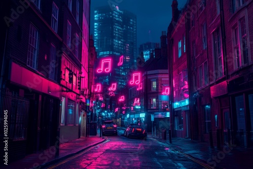 A vibrant city street illuminated by glowing music notes in neon pink. The atmosphere is lively and energetic. Perfect for music and nightlife themes. Generative AI