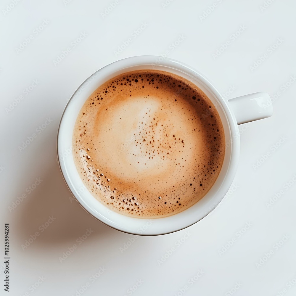 Top view of frothy coffee in white mug.