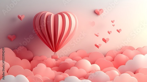 Heartshaped hot air balloon drifting among numerous tiny heartshaped balloons set against pastel sky Paper art and origami theme for a romantic Valentines Day vector design