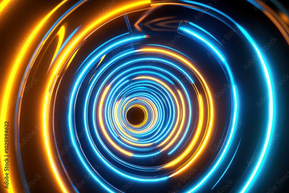 Fototapeta premium A vibrant, abstract representation of a swirling tunnel with blue and orange neon lights, creating a sense of depth and motion.