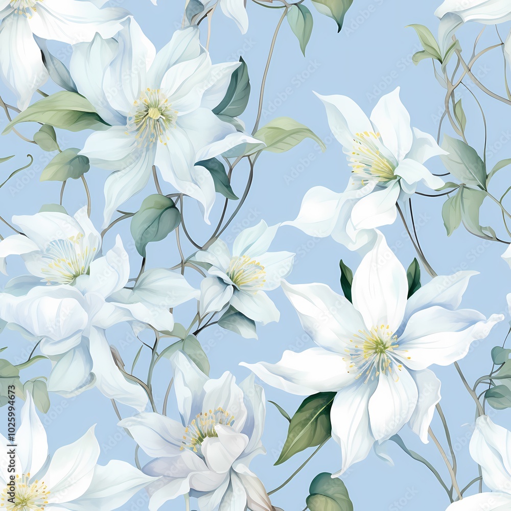 Elegant white flowers with green leaves on a deep blue backdrop for a sophisticated look. Elegant white flowers with green leaves on a deep blue backdrop for a sophisticated look.