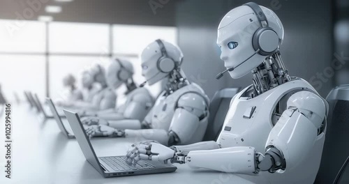 A group of advanced white humanoid robots equipped with headsets, efficiently working on laptops in a futuristic call center environment, symbolizing AI-driven customer service