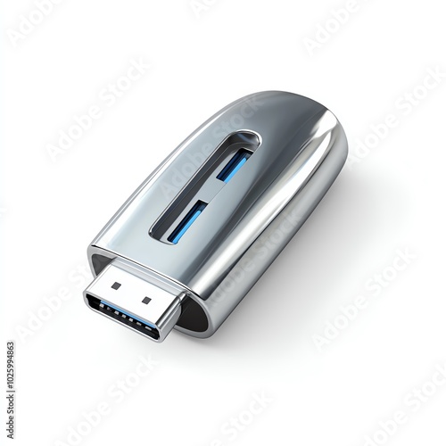 Sleek USB-C flash drive, shiny metallic design, isolated on a white background.