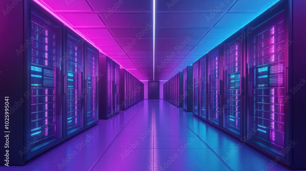 A Server Room Illuminated by Neon Pink and Blue Lights A Server Room Illuminated by Neon Pink and Blue Lights
