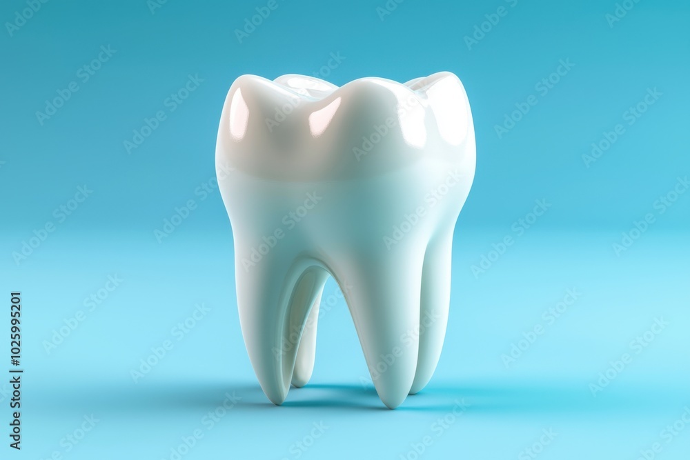 A glossy, three-dimensional representation of a tooth on a blue background, symbolizing dental health and hygiene. A glossy, three-dimensional representation of a tooth on a blue background, symbolizing dental health and hygiene.