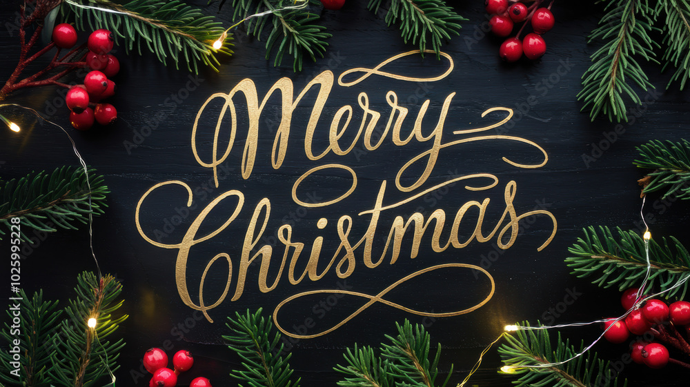 Merry Christmas greeting with pine branches and berries, festive season background. Merry Christmas greeting with pine branches and berries, festive season background.