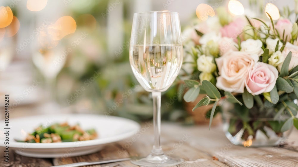 A beautifully set table featuring a glass of white wine, a plate of salad, and a floral centerpiece, creating an elegant dining atmosphere. A beautifully set table featuring a glass of white wine, a plate of salad, and a floral centerpiece, creating an elegant dining atmosphere.