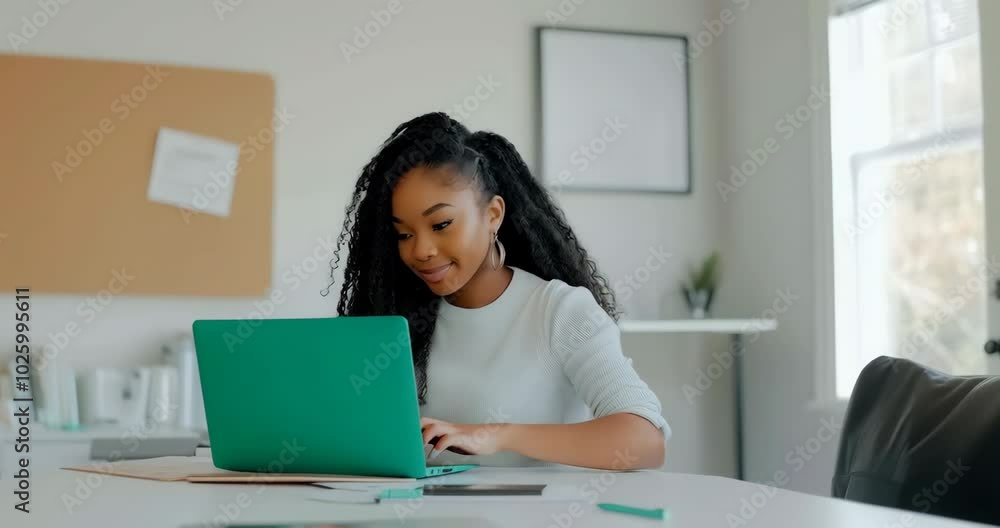 Business woman, happy and laptop in office with public relations work and press release update. Tech, professional and digital information with planning and online review for media research at job Business woman, happy and laptop in office with public relations work and press release update. Tech, professional and digital information with planning and online review for media research at job