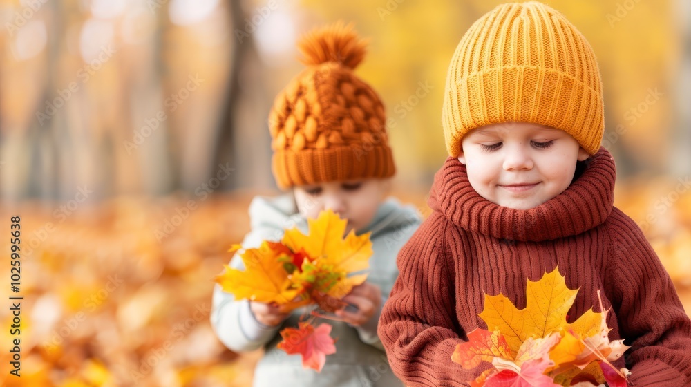 Two children wearing colorful knit hats play with autumn leaves in a vibrant fall setting, smiling joyfully among the golden foliage. Two children wearing colorful knit hats play with autumn leaves in a vibrant fall setting, smiling joyfully among the golden foliage.