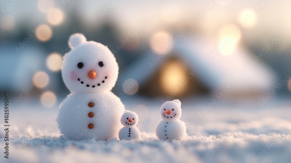 A charming scene of three cheerful snowmen against a snowy background, with soft bokeh lights and a cozy cabin in the distance. A charming scene of three cheerful snowmen against a snowy background, with soft bokeh lights and a cozy cabin in the distance.
