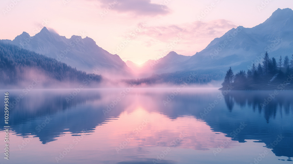 Mountain Reflections in Calm Lake at Dawn with Mist and Pastel Skies Mountain Reflections in Calm Lake at Dawn with Mist and Pastel Skies