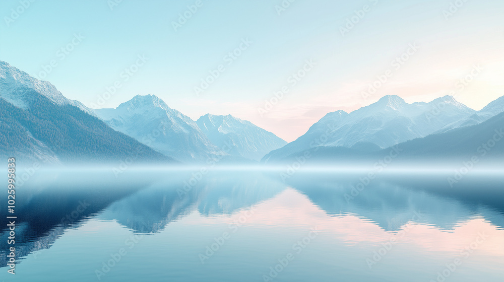 Foggy Mountain Lake Reflections at Sunrise with Misty Peaks Foggy Mountain Lake Reflections at Sunrise with Misty Peaks