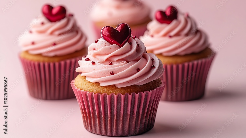 Valentine's Day greeting card featuring sweet homemade pink red cupcakes decorated with hearts and love symbols The cupcakes sit elegantly on a solid pastel pink background Valentine's Day greeting card featuring sweet homemade pink red cupcakes decorated with hearts and love symbols The cupcakes sit elegantly on a solid pastel pink background