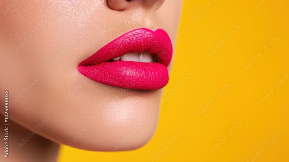 A close-up of glossy, vibrant pink lips against a bold yellow background, showcasing a trendy makeup style and a touch of glamour.