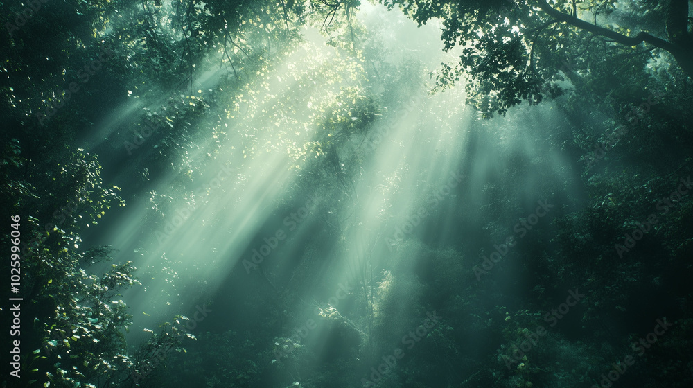 Lush Forest Canopy with Sunlight Piercing Through Mist Creating a Radiant Glow of Greenery Lush Forest Canopy with Sunlight Piercing Through Mist Creating a Radiant Glow of Greenery