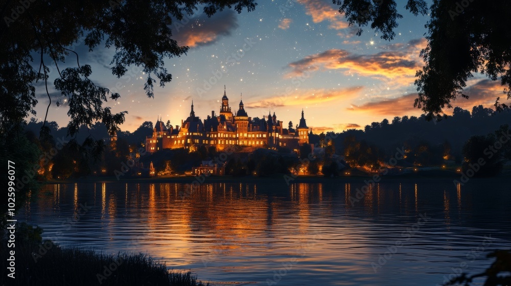 Fototapeta premium A beautiful castle by the lake at sunset, glowing against the twilight sky with stars appearing above the horizon.