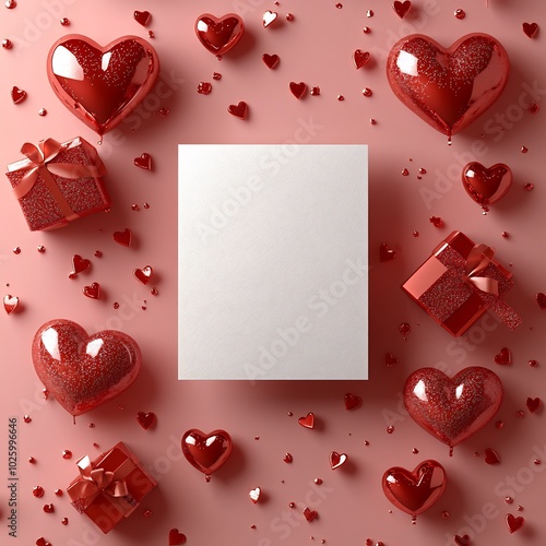 Vertical Valentines Day background blank paper card surrounded by tiny red hearts ribbonwrapped gifts and shimmering confetti on a smooth pink surface perfect for celebration photo