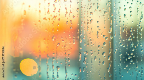 Raindrops on window with warm sunset colors in the background 