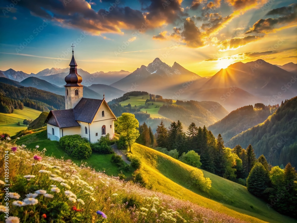 Fototapeta premium Serene Catholic Landscape with Majestic Mountains and Tranquil Church Setting