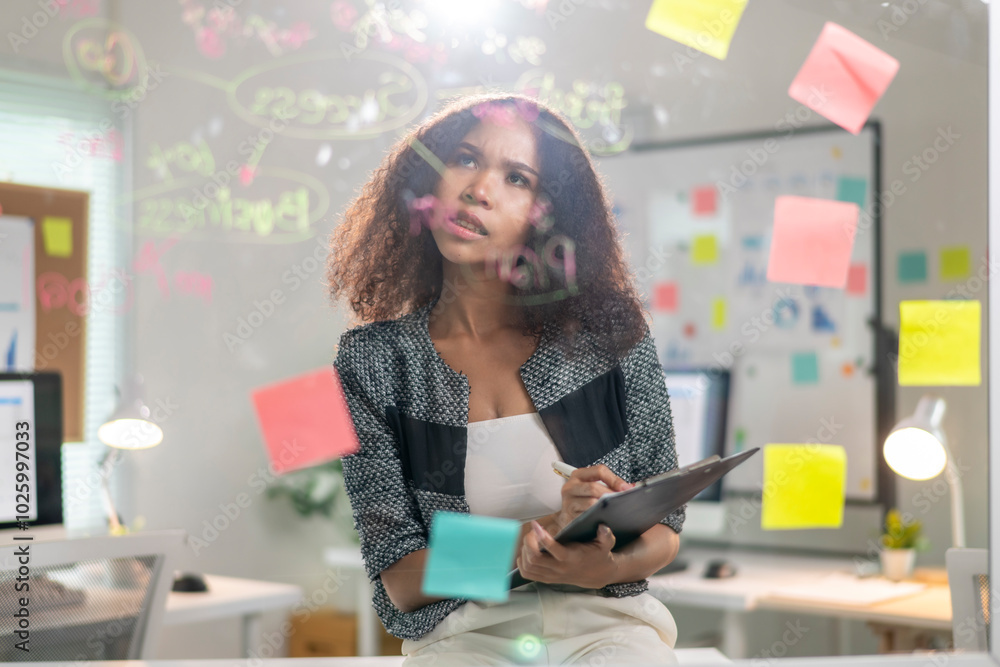 A woman is sitting at a desk with a clipboard and a pen A woman is sitting at a desk with a clipboard and a pen