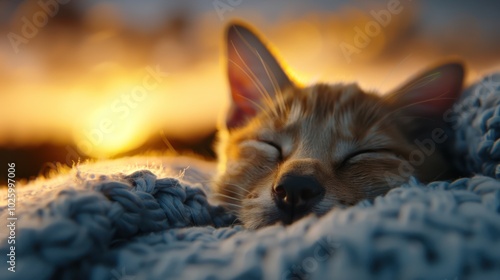 A peaceful orange kitten sleeps soundly on a cozy blanket, bathed in warm, golden sunset light.