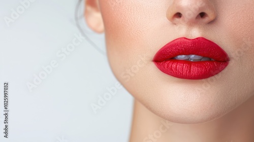 Obraz na płótnie A close-up of a woman's lips featuring vibrant red lipstick, showcasing smooth skin and a soft, polished look against a light background. w salonie