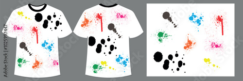 Cheerful colorful polka dot t-shirt design with skeleton lying in coffin with vintage illustration