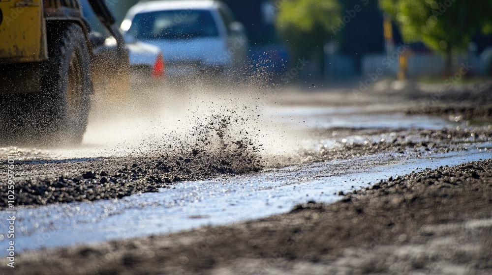 Close-up view of water spraying onto a dirty road, removing mud and debris during a thorough road cleaning process. Close-up view of water spraying onto a dirty road, removing mud and debris during a thorough road cleaning process.