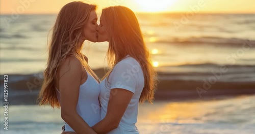 Romantic scene of lesbian couple sharing a kiss on the beach during sunset, with the golden light illuminating the ocean and sky, symbolizing love and connection