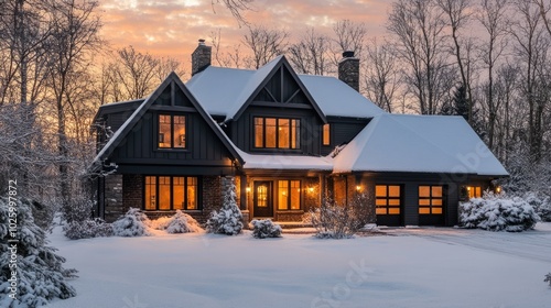 Cozy dark chocolate suburban house with conventional windows on a spacious lot under warm winter hues, creating a serene