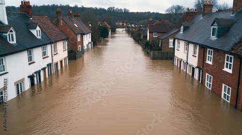 A swollen river breaking its banks and flooding nearby homes, with villagers wading through kneedeep water, riverbank flood, village under water photo