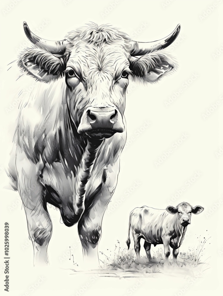 A mother cow and her calf standing in a field, drawn in black and white A mother cow and her calf standing in a field, drawn in black and white