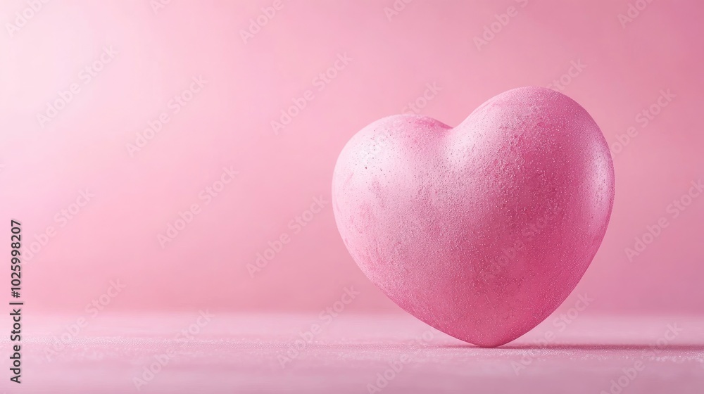 Fototapeta premium Delicate pink heart floating on a pastel pink background, adorned with subtle grainy texture and a gentle gradient, perfect for soft