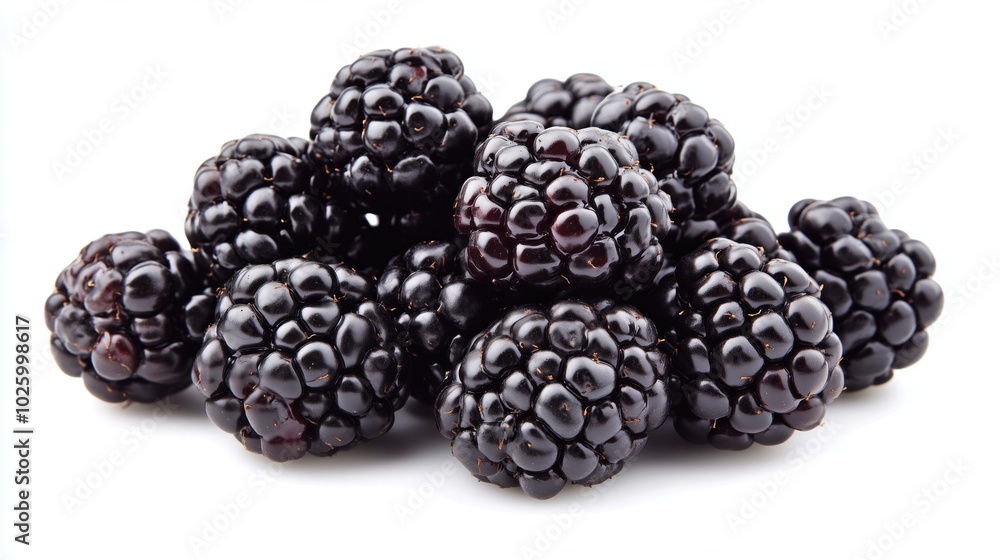 Fresh blackberries piled together on a clean white background, showcasing their rich color and texture Fresh blackberries piled together on a clean white background, showcasing their rich color and texture