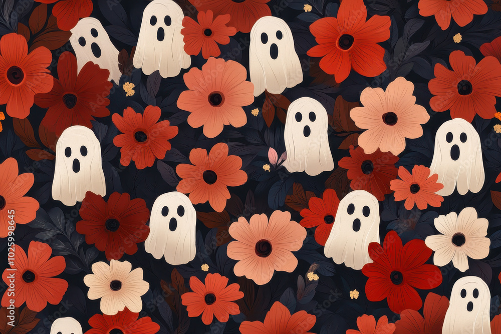 Fototapeta premium Playful Halloween pattern with white ghosts and orange flowers on dark background